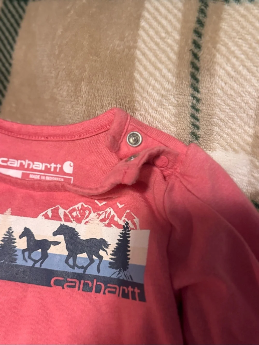 Carhartt Coral Pink Long-Sleeve Baby One-Piece with Horse Graphic
